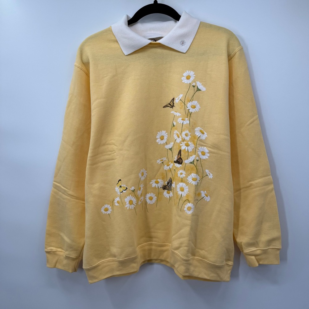 Artisans Women Size Large Sweatshirt Yellow Floral Butterfly Polo Collar Graphic